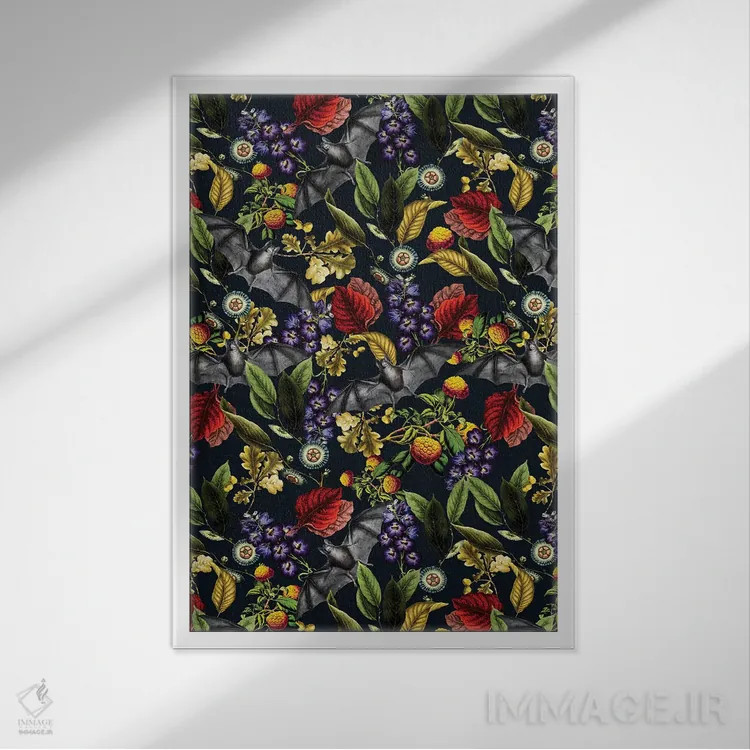 تابلو روباه پرنده و طرح گلدار (پستاندار پرنده) اثر برجو کورکمازیورک - نمای قابدار سفید