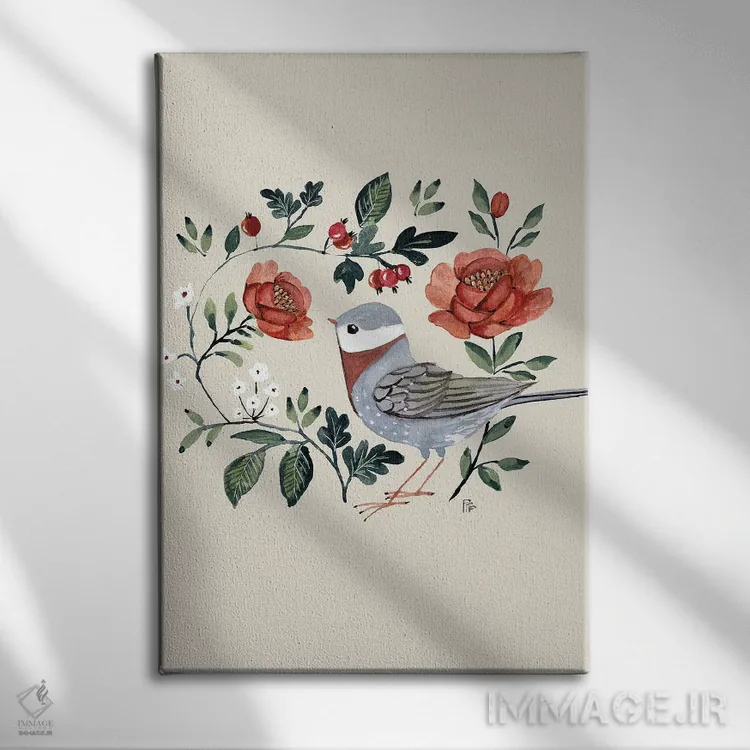 تابلو رزها و پرنده اثر برنادت اوربانویک - نمای روبهرو روی دیوار