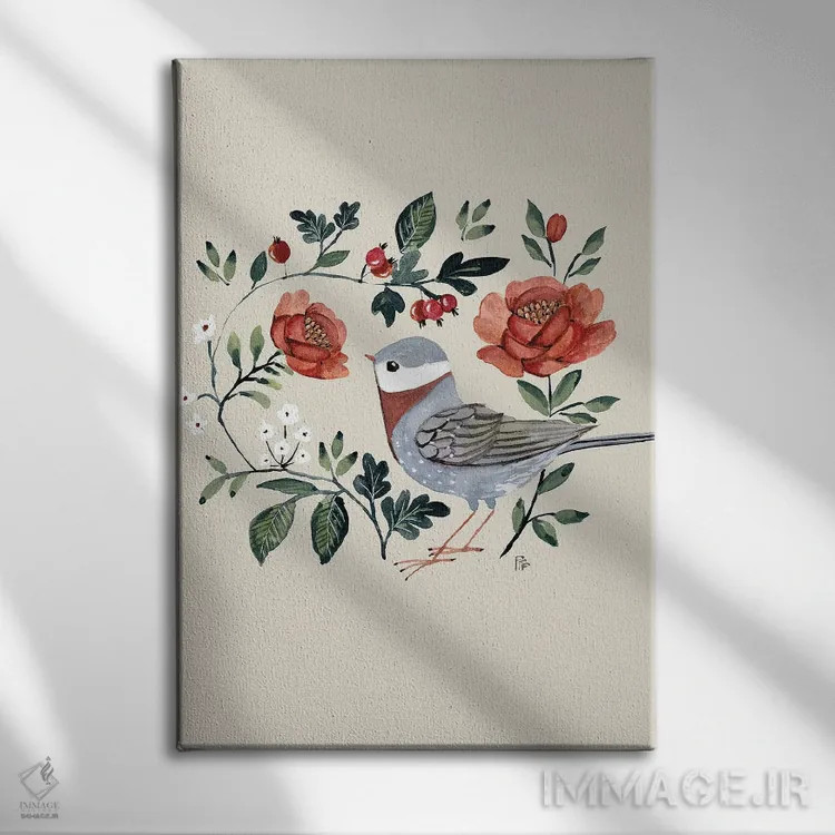 تابلو رزها و پرنده اثر برنادت اوربانویک - نمای روبهرو روی دیوار
