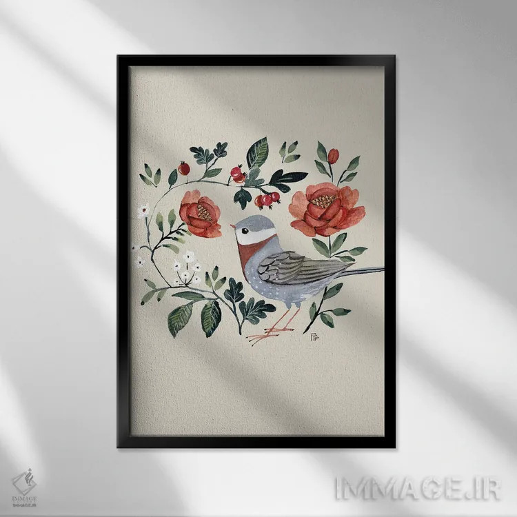 تابلو رزها و پرنده اثر برنادت اوربانویک - نمای قابدار مشکی