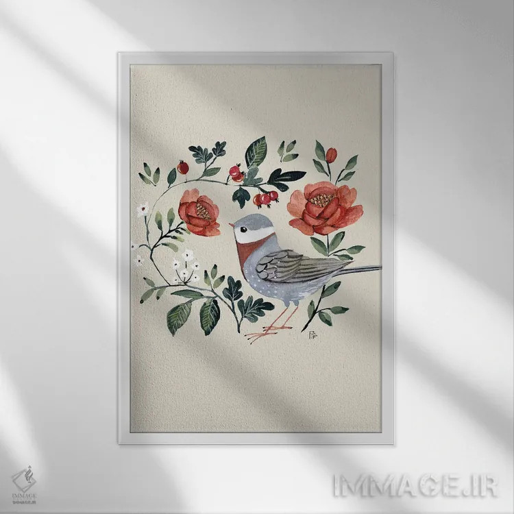 تابلو رزها و پرنده اثر برنادت اوربانویک - نمای قابدار سفید