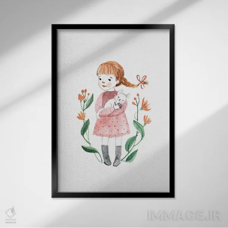 تابلو دختر با گربه اثر برنادت اوربانویک - نمای قابدار مشکی