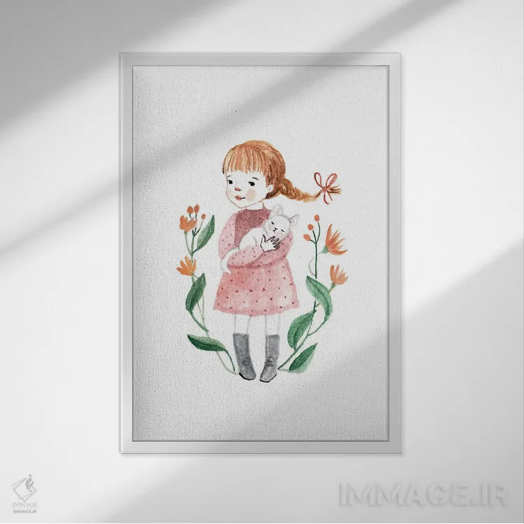 تابلو دختر با گربه اثر برنادت اوربانویک - نمای قابدار سفید