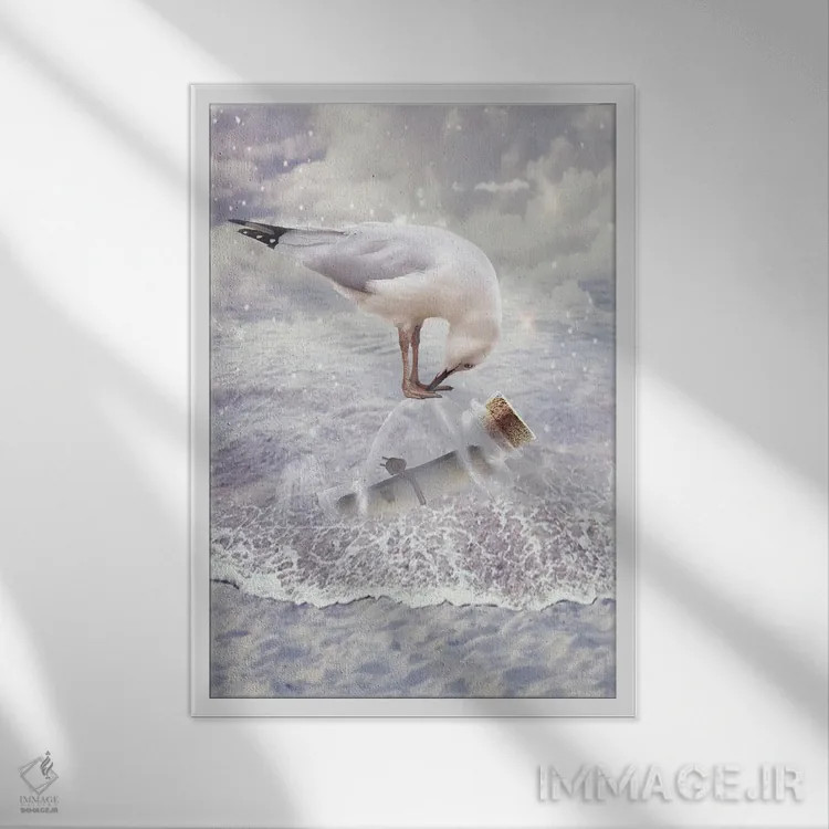 تابلو بطری و مرغ دریایی اثر بابت ون دن برگ - نمای قابدار سفید