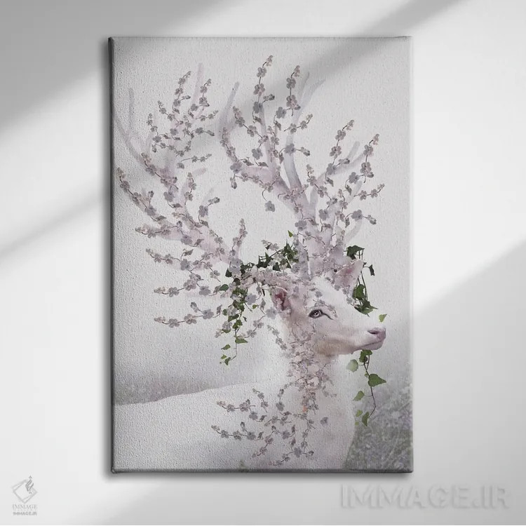 تابلو سر گوزن با گلها (ترجمه از هلندی) اثر بابت ون دن برگ - نمای روبهرو روی دیوار