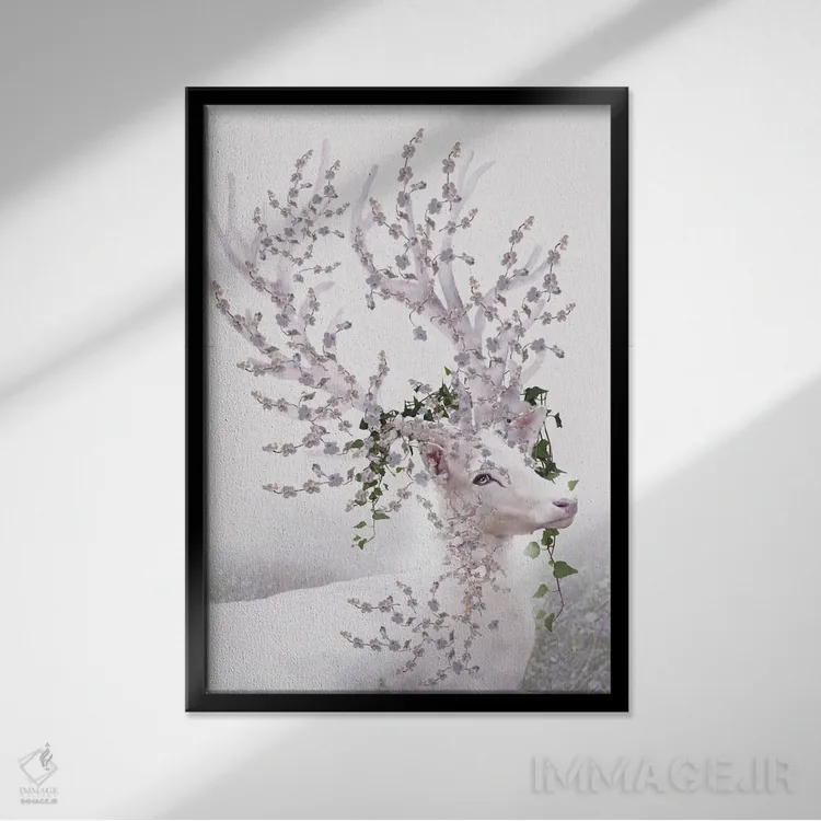 تابلو سر گوزن با گلها (ترجمه از هلندی) اثر بابت ون دن برگ - نمای قابدار مشکی