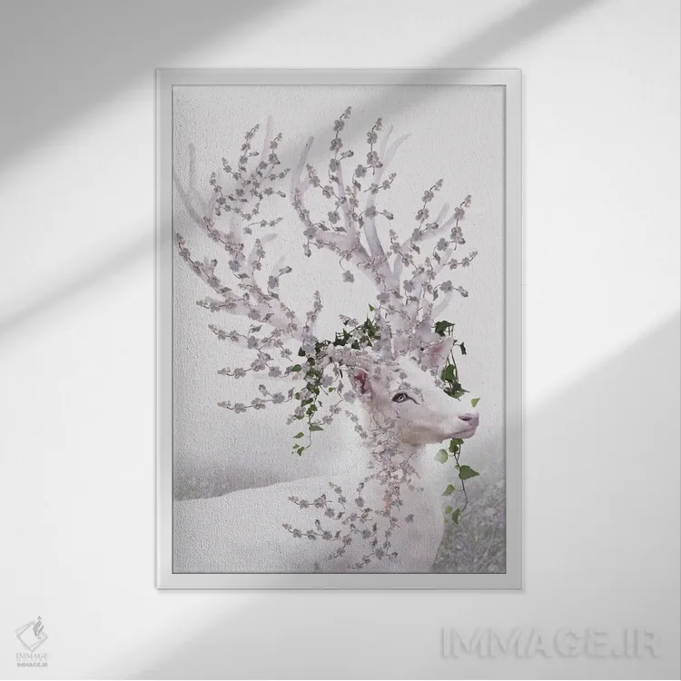 تابلو سر گوزن با گلها (ترجمه از هلندی) اثر بابت ون دن برگ - نمای قابدار سفید