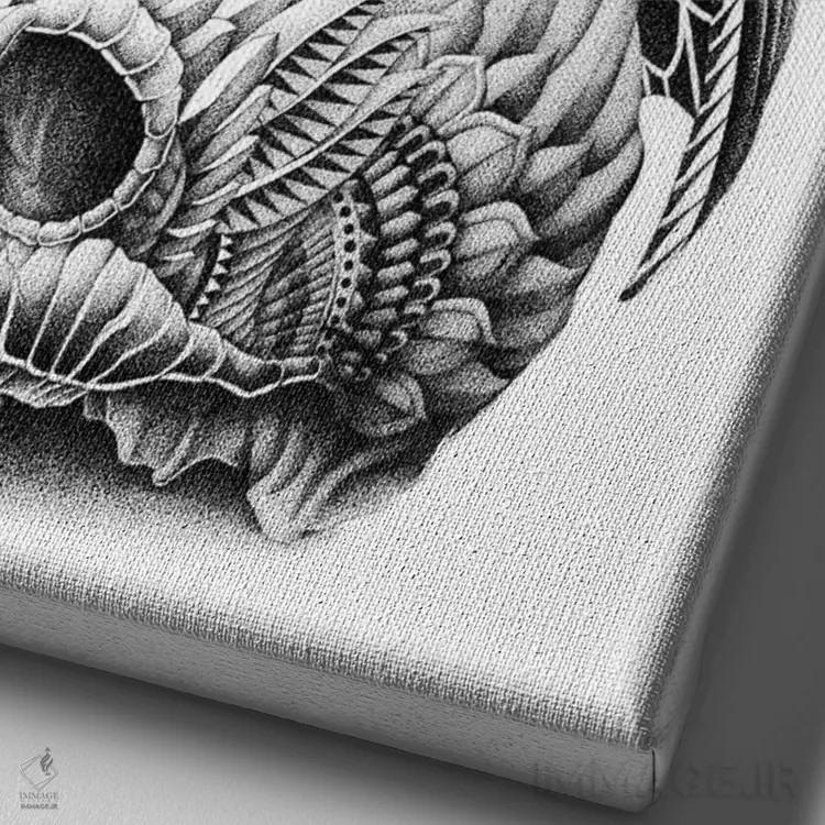 تابلو جمجمه با دم قرمز (نقاشی مفهومی) اثر بیوورکز - نمای نزدیک بافت بوم