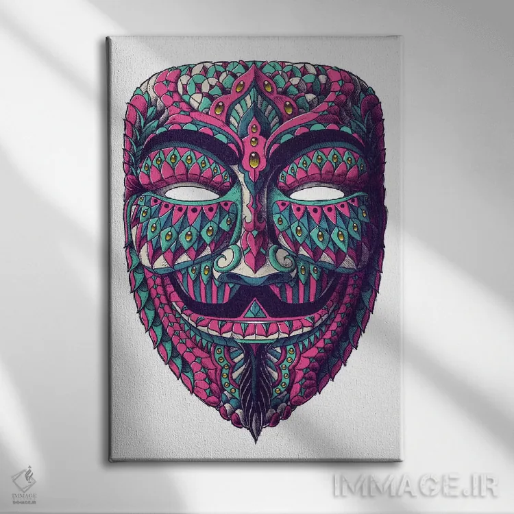 تابلو نقاب ناشناس رنگی شماره ۱ (ماسک گای فاکس) اثر بیوورکز - نمای روبهرو روی دیوار