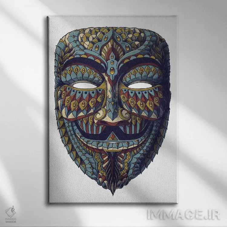 تابلو نقاب ناشناس رنگی شماره ۳ (ماسک گای فاکس) اثر بیوورکز - نمای روبهرو روی دیوار
