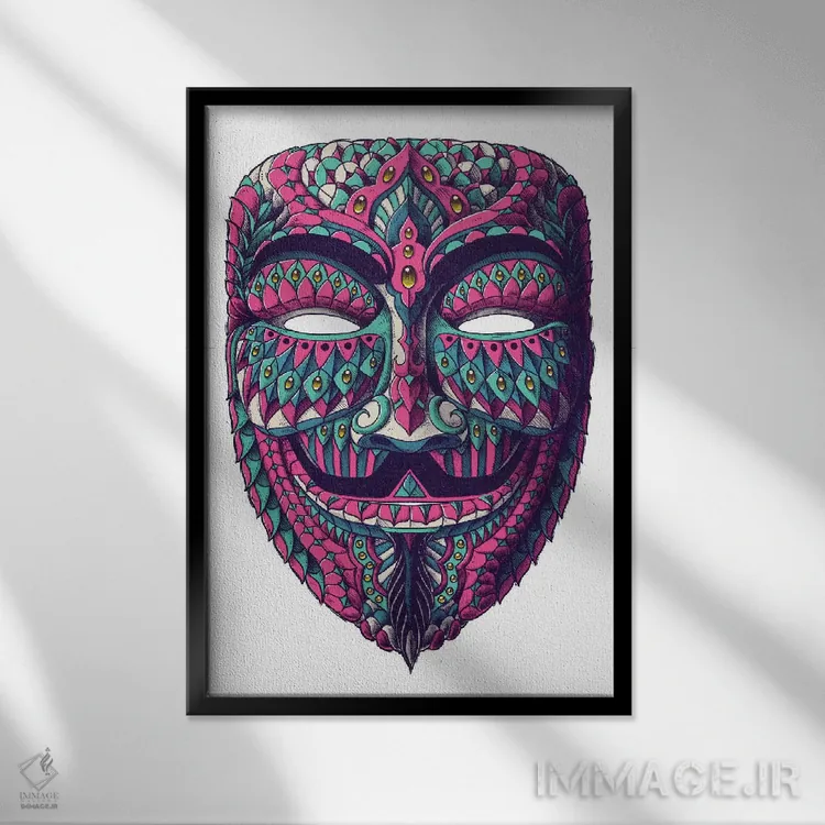 تابلو نقاب ناشناس رنگی شماره ۱ (ماسک گای فاکس) اثر بیوورکز - نمای قابدار مشکی