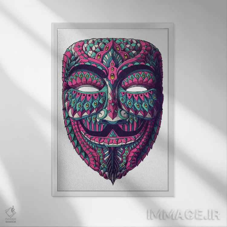 تابلو نقاب ناشناس رنگی شماره ۱ (ماسک گای فاکس) اثر بیوورکز - نمای قابدار سفید