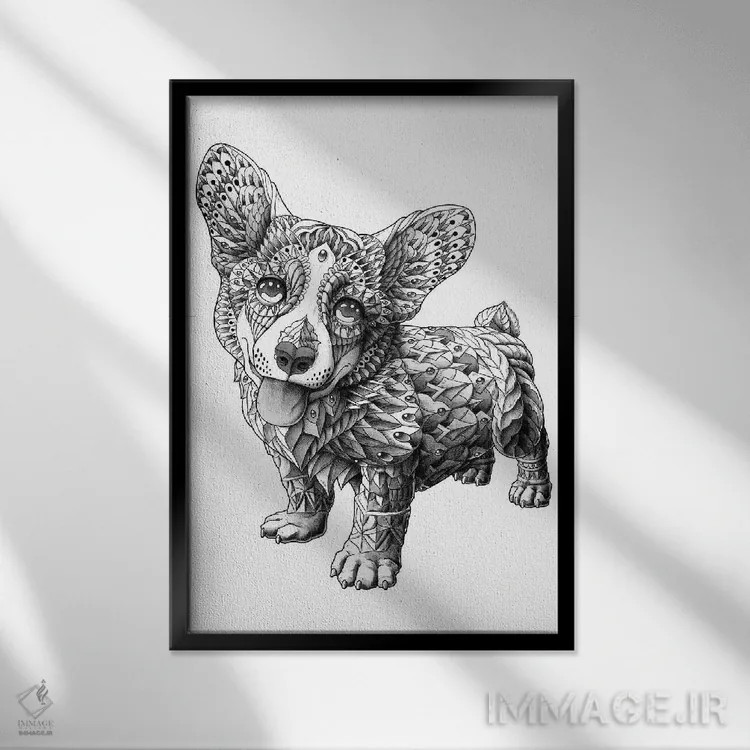 تابلو سگ کورگی اثر بیوورکز - نمای قابدار مشکی