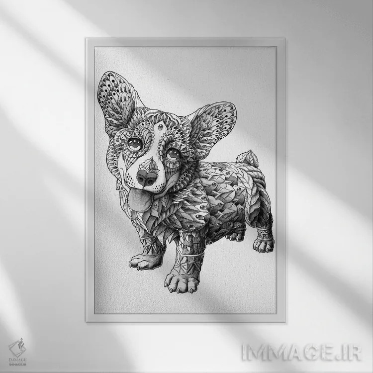 تابلو سگ کورگی اثر بیوورکز - نمای قابدار سفید