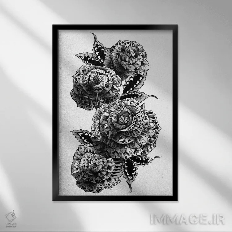 تابلو چهار گل رز اثر بیوورکز - نمای قابدار مشکی