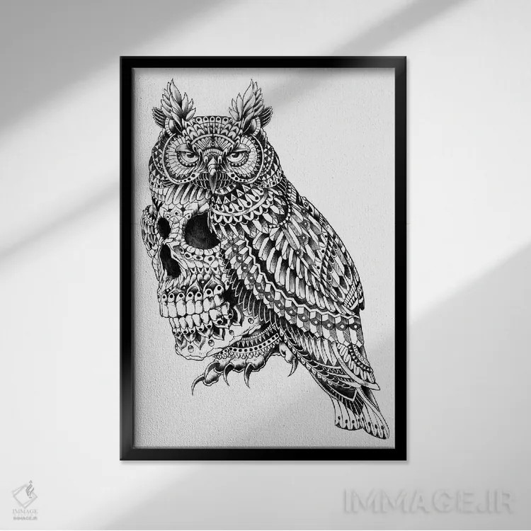 تابلو جمجمه با شاخ بزرگ (تم تزئینی) اثر بیوورکز - نمای قابدار مشکی