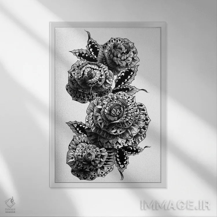 تابلو چهار گل رز اثر بیوورکز - نمای قابدار سفید