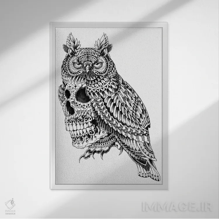 تابلو جمجمه با شاخ بزرگ (تم تزئینی) اثر بیوورکز - نمای قابدار سفید