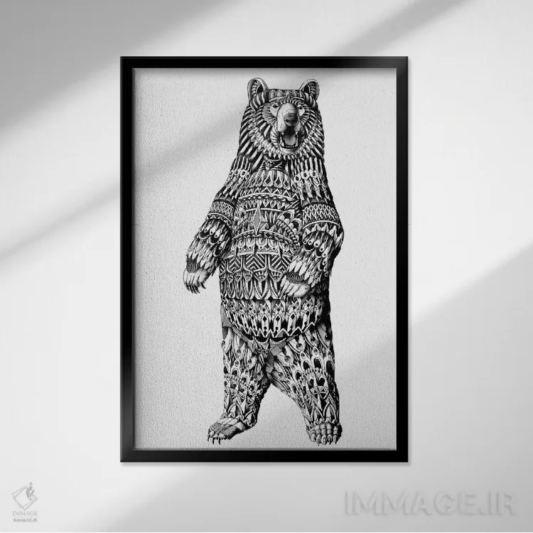 تابلو خرس گریزلی تزیینی اثر بیوورکز - نمای قابدار مشکی