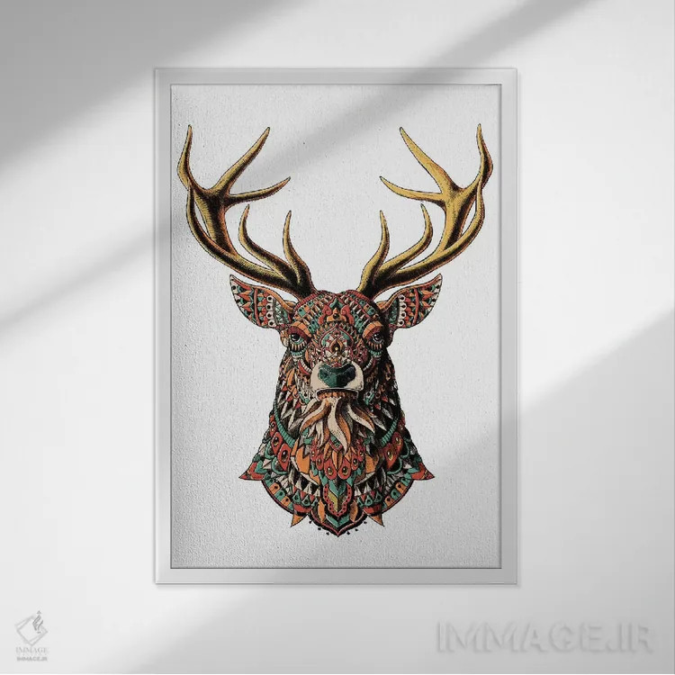 تابلو گوزن نر تزیینی رنگی شماره ۲ اثر بیوورکز - نمای قابدار سفید