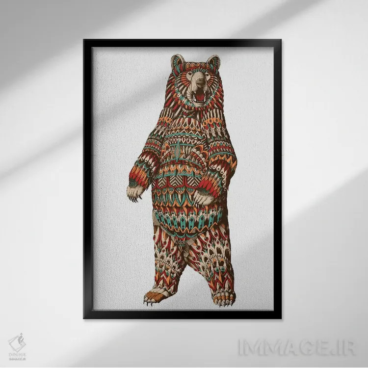 تابلو خرس گریزلی تزیینی رنگی شماره ۱ اثر بیوورکز - نمای قابدار مشکی