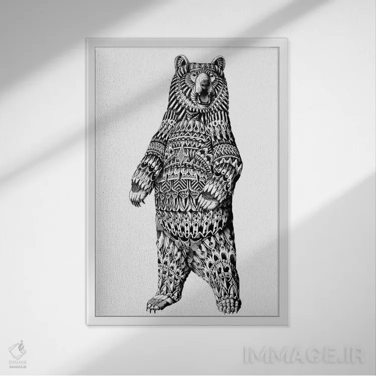 تابلو خرس گریزلی تزیینی اثر بیوورکز - نمای قابدار سفید