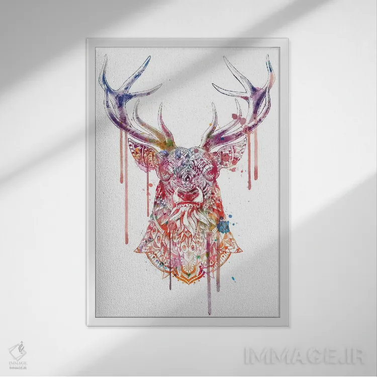 تابلو گوزن نر تزیینی رنگی شماره ۱ اثر بیوورکز - نمای قابدار سفید