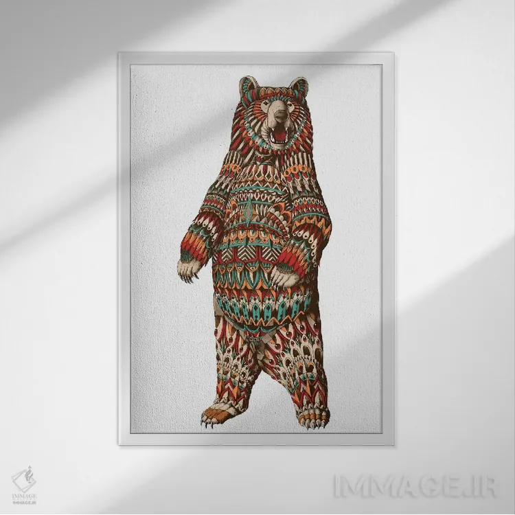 تابلو خرس گریزلی تزیینی رنگی شماره ۱ اثر بیوورکز - نمای قابدار سفید