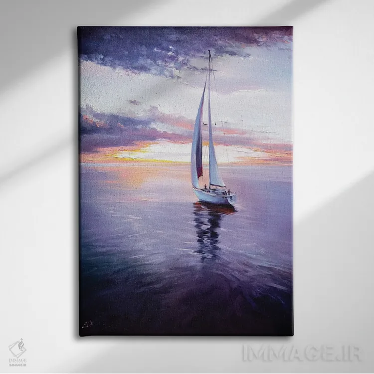 تابلو قایقرانی در غروب رنگارنگ اثر بُژنا فوخس - نمای روبهرو روی دیوار
