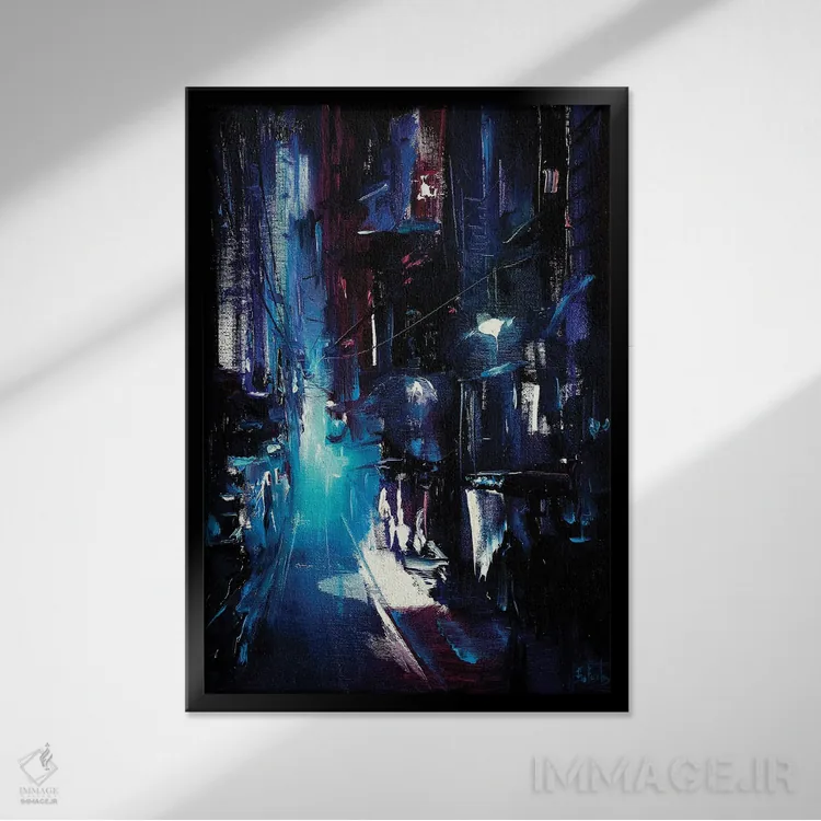 تابلو کوچهٔ خیابان در شب اثر بُژنا فوخس - نمای قابدار مشکی