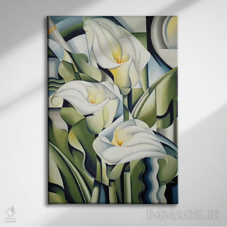 تابلو سوسنهای کوبیستی اثر کترین ایبل - نمای روبهرو روی دیوار