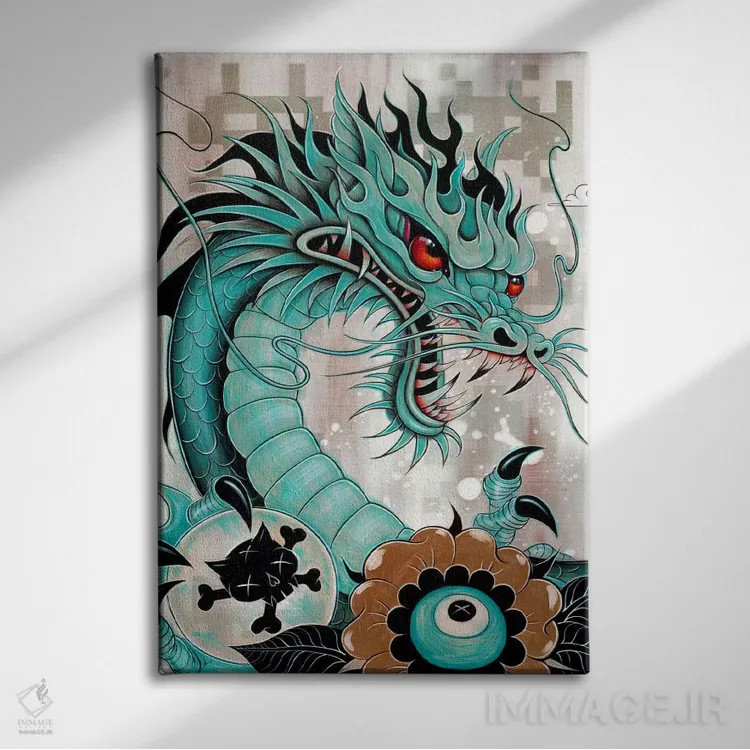 تابلو Liberty & Blaze,جزئیات سر اژدها، آزادی و شعله اثر کایا کوپمن - نمای روبهرو روی دیوار