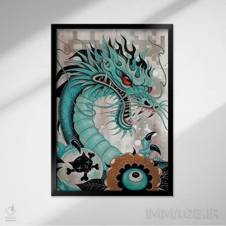 تابلو Liberty & Blaze,جزئیات سر اژدها، آزادی و شعله اثر کایا کوپمن - نمای قابدار مشکی