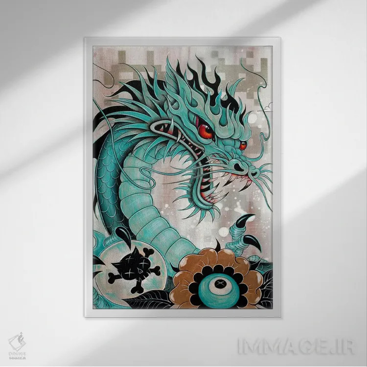 تابلو Liberty & Blaze,جزئیات سر اژدها، آزادی و شعله اثر کایا کوپمن - نمای قابدار سفید