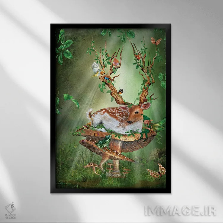 تابلو درخت گوزن (نقاشی فانتزی) اثر کارول کاوالاریس - نمای قابدار مشکی