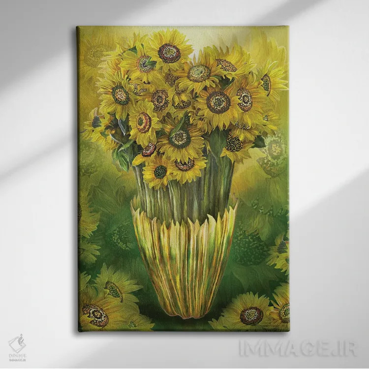 تابلو آفتابگردان بلند در گلدان اثر کارول کاوالاریس - نمای روبهرو روی دیوار