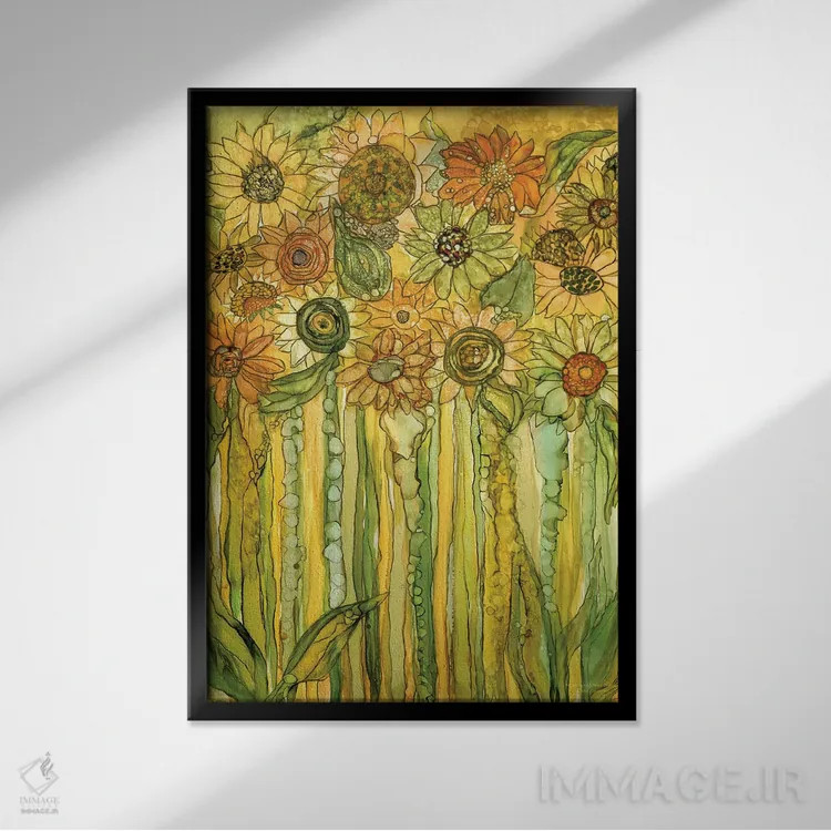 تابلو شکوفههای باغ آفتابگردان اثر کارول کاوالاریس - نمای قابدار مشکی