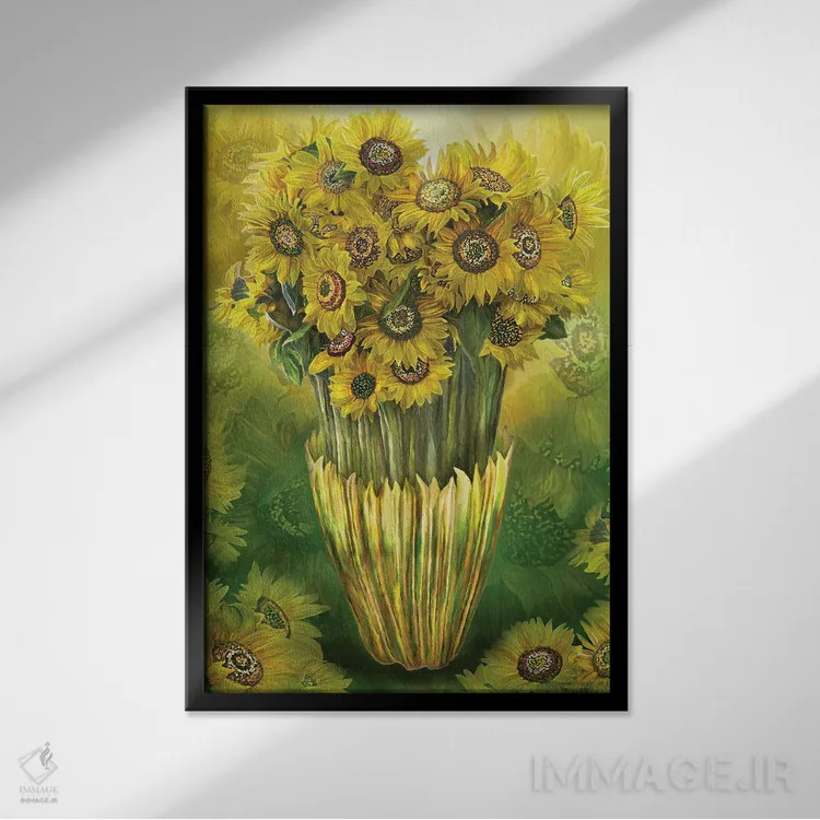 تابلو آفتابگردان بلند در گلدان اثر کارول کاوالاریس - نمای قابدار مشکی