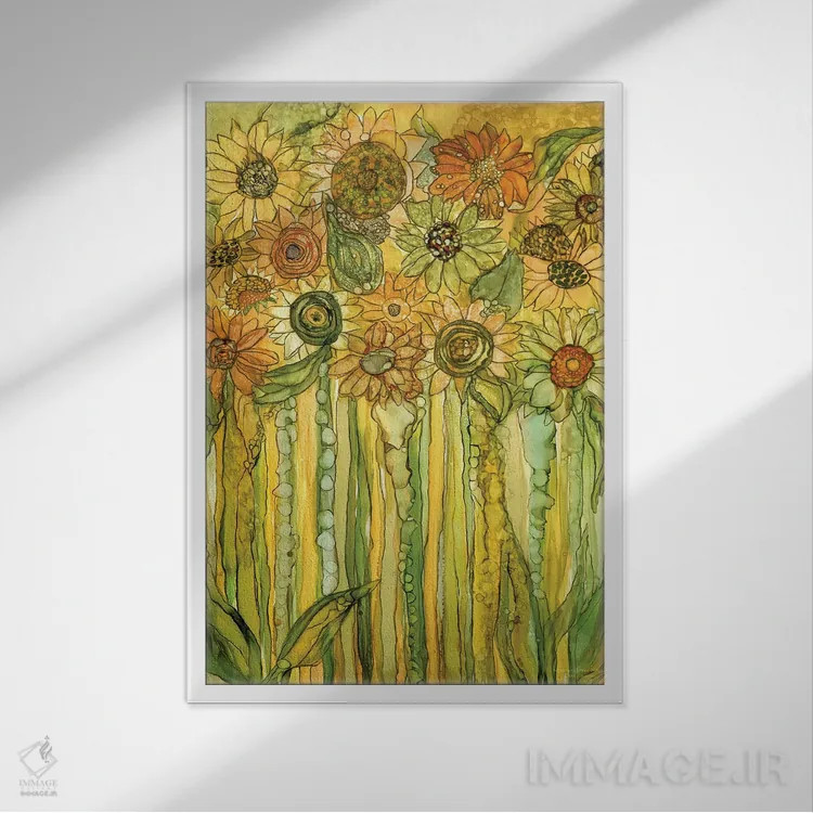 تابلو شکوفههای باغ آفتابگردان اثر کارول کاوالاریس - نمای قابدار سفید