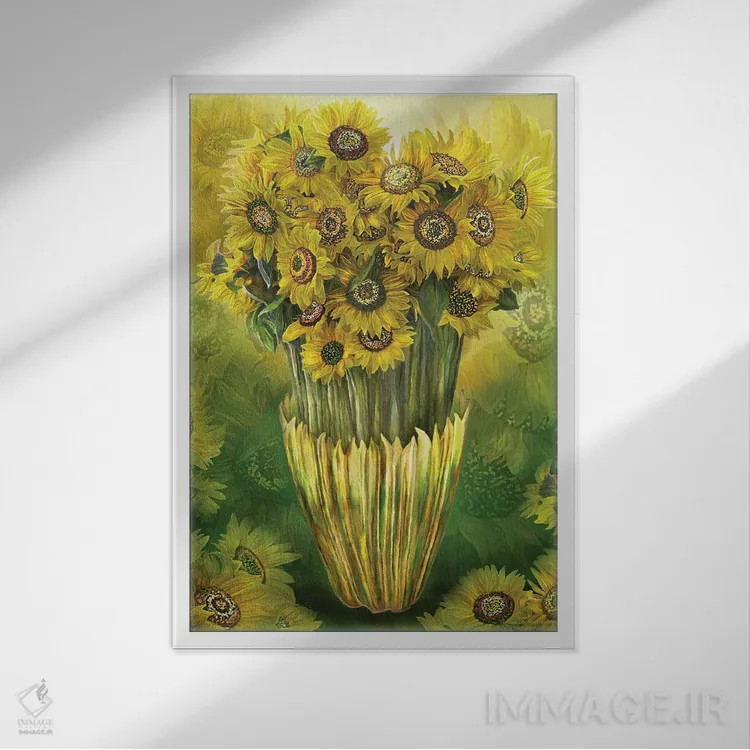 تابلو آفتابگردان بلند در گلدان اثر کارول کاوالاریس - نمای قابدار سفید