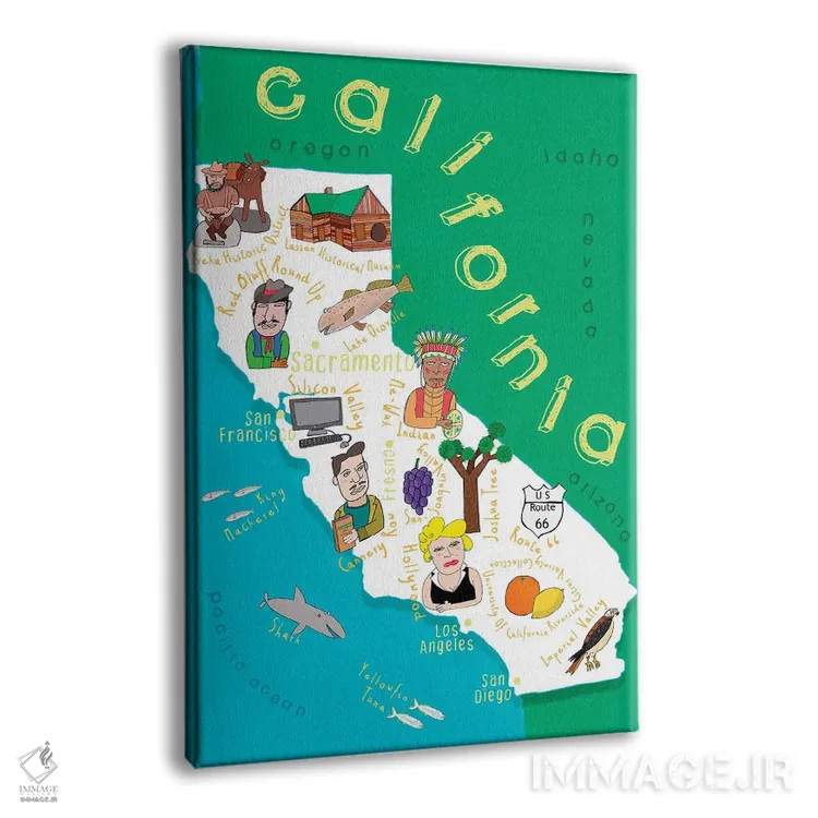 تابلو نقشههای ایالتی مصور کالیفرنیا اثر کارلا دالی - نمای پرسپکتیو محصول