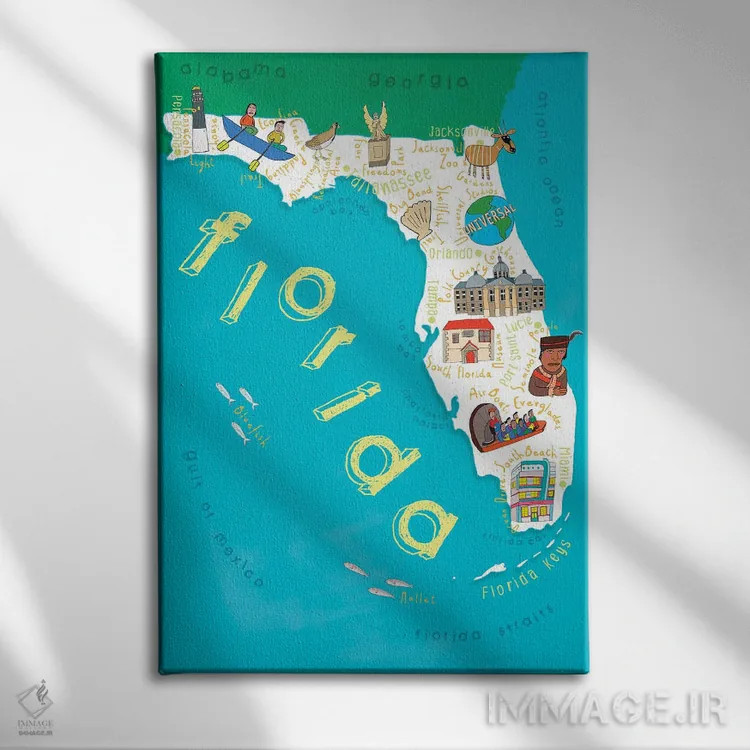 تابلو نقشههای ایالتی مصور فلوریدا اثر کارلا دالی - نمای روبهرو روی دیوار
