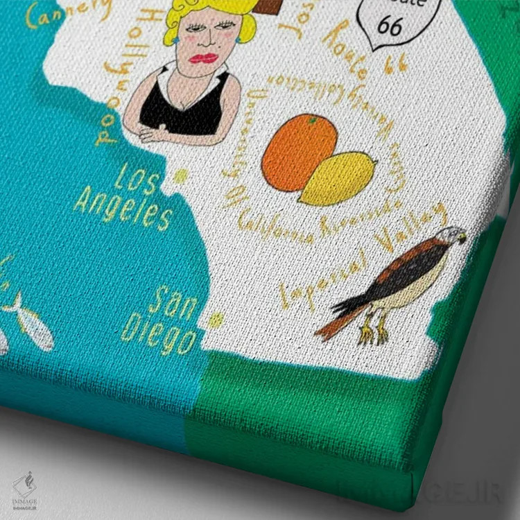 تابلو نقشههای ایالتی مصور کالیفرنیا اثر کارلا دالی - نمای نزدیک بافت بوم