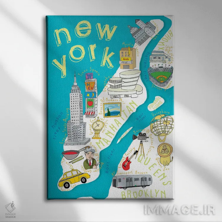 تابلو نقشههای ایالتی مصور نیویورک اثر کارلا دالی - نمای روبهرو روی دیوار