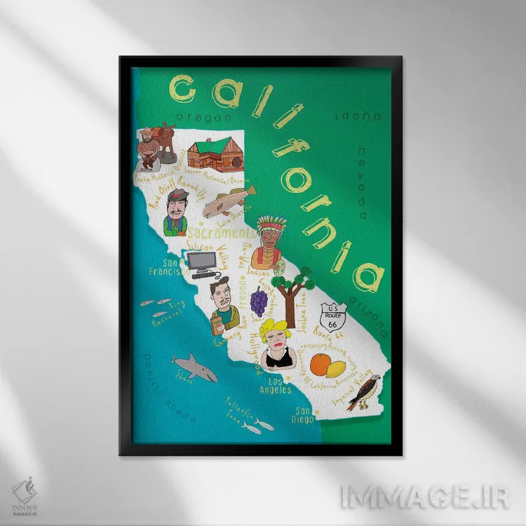 تابلو نقشههای ایالتی مصور کالیفرنیا اثر کارلا دالی - نمای قابدار مشکی