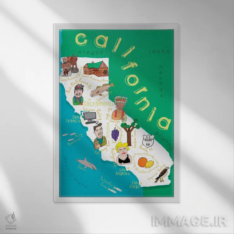 تابلو نقشههای ایالتی مصور کالیفرنیا اثر کارلا دالی - نمای قابدار سفید