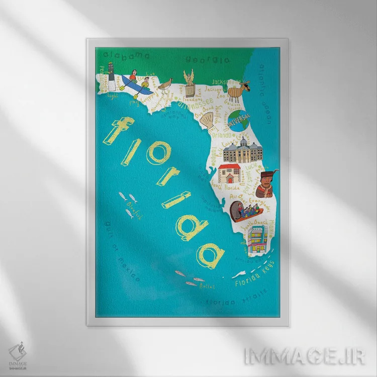 تابلو نقشههای ایالتی مصور فلوریدا اثر کارلا دالی - نمای قابدار سفید