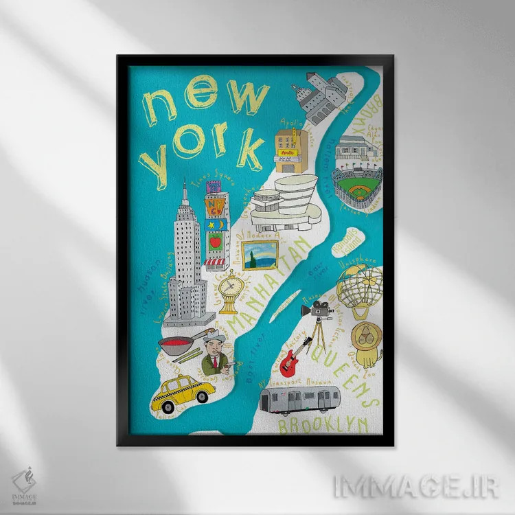 تابلو نقشههای ایالتی مصور نیویورک اثر کارلا دالی - نمای قابدار مشکی