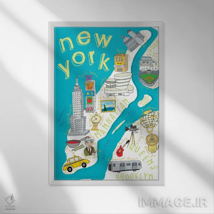 تابلو نقشههای ایالتی مصور نیویورک اثر کارلا دالی - نمای قابدار سفید