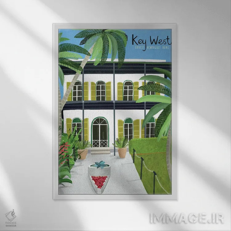 تابلو کلید غربی همینگوی (ارجاع به ارنست همینگوی، محل اقامت او) اثر کارلا دالی - نمای قابدار سفید